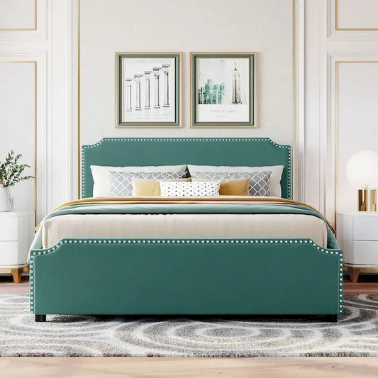 Upholstered Platform Bed with Stud Trim and 4 Drawers