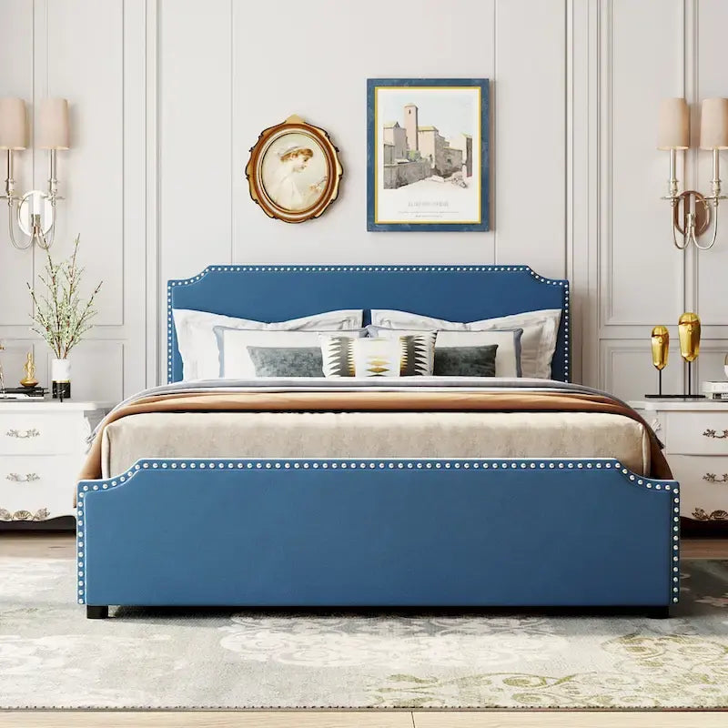 Upholstered Platform Bed with Stud Trim and 4 Drawers