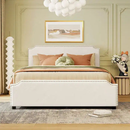 Upholstered Platform Bed with Stud Trim and 4 Drawers