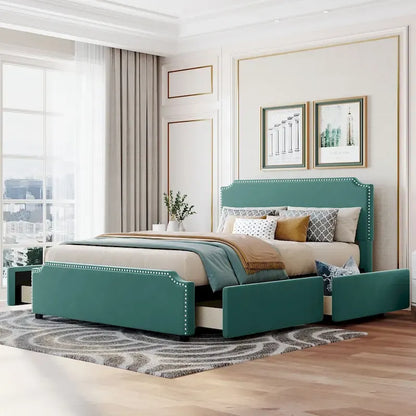 Upholstered Platform Bed with Stud Trim and 4 Drawers