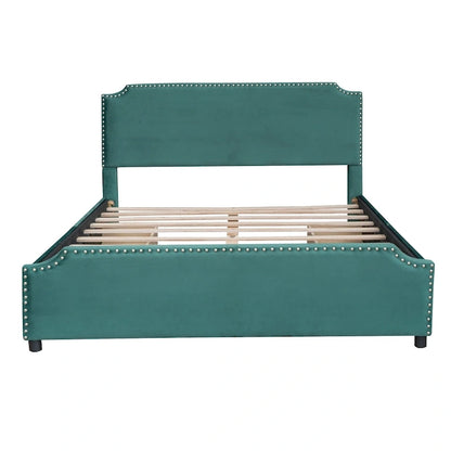 Upholstered Platform Bed with Stud Trim and 4 Drawers