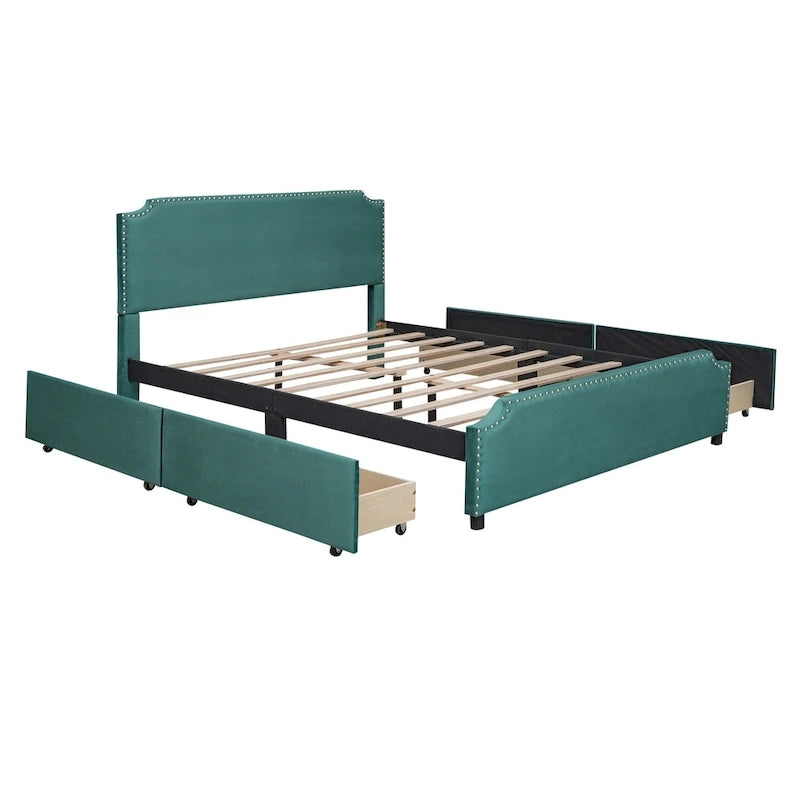 Upholstered Platform Bed with Stud Trim and 4 Drawers