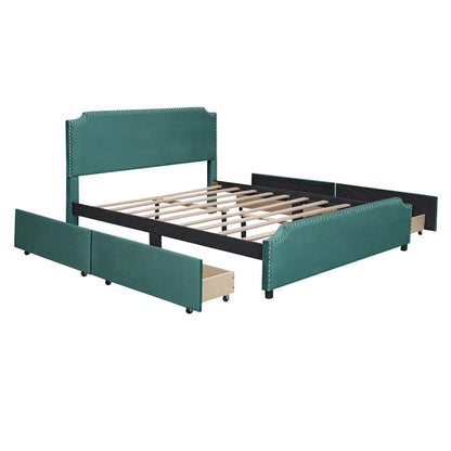 Upholstered Platform Bed with Stud Trim and 4 Drawers