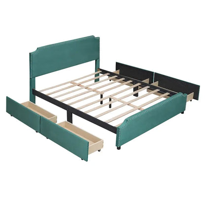 Upholstered Platform Bed with Stud Trim and 4 Drawers