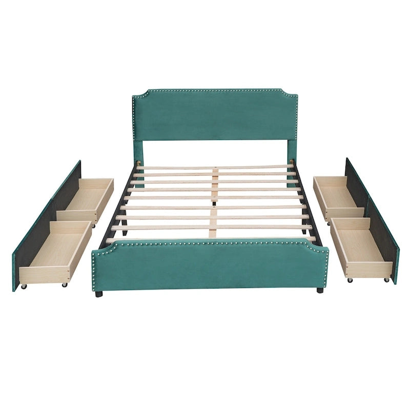 Upholstered Platform Bed with Stud Trim and 4 Drawers