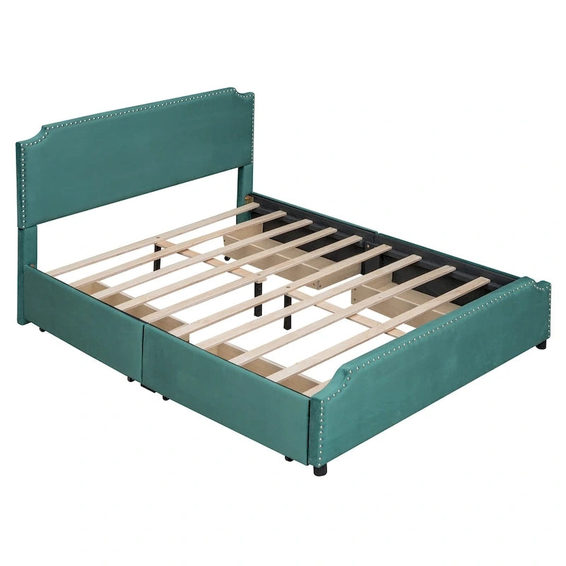 Upholstered Platform Bed with Stud Trim and 4 Drawers