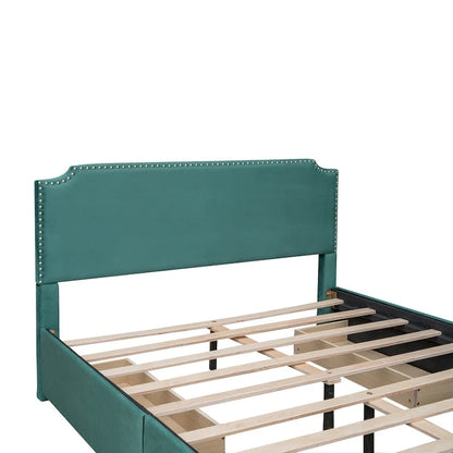 Upholstered Platform Bed with Stud Trim and 4 Drawers