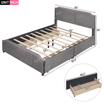 Upholstered Platform Bed with Stud Trim and 4 Drawers