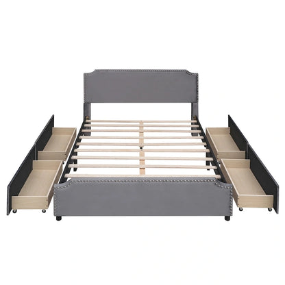 Upholstered Platform Bed with Stud Trim and 4 Drawers