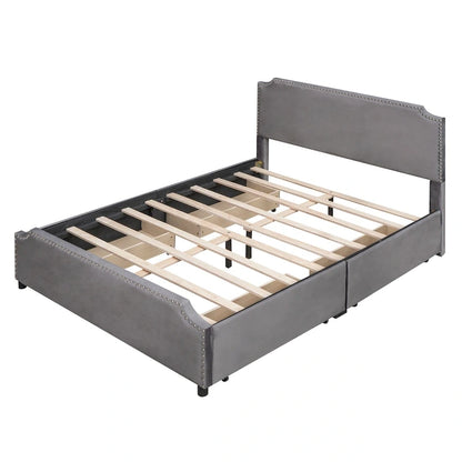 Upholstered Platform Bed with Stud Trim and 4 Drawers