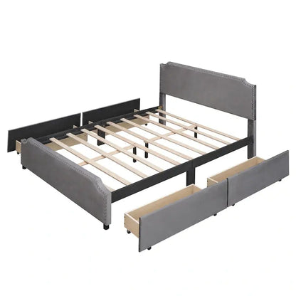 Upholstered Platform Bed with Stud Trim and 4 Drawers