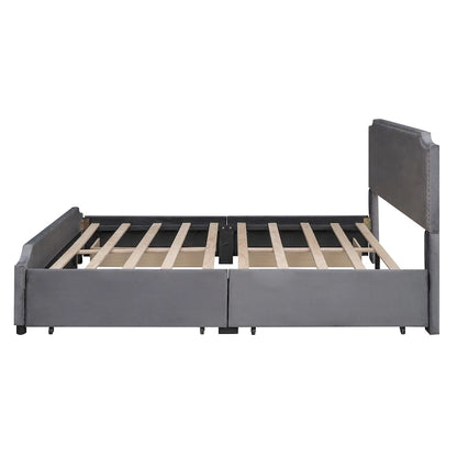 Upholstered Platform Bed with Stud Trim and 4 Drawers