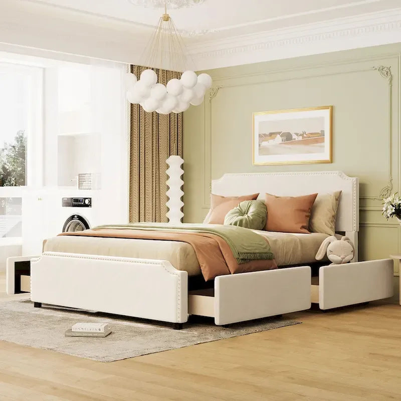 Upholstered Platform Bed with Stud Trim and 4 Drawers