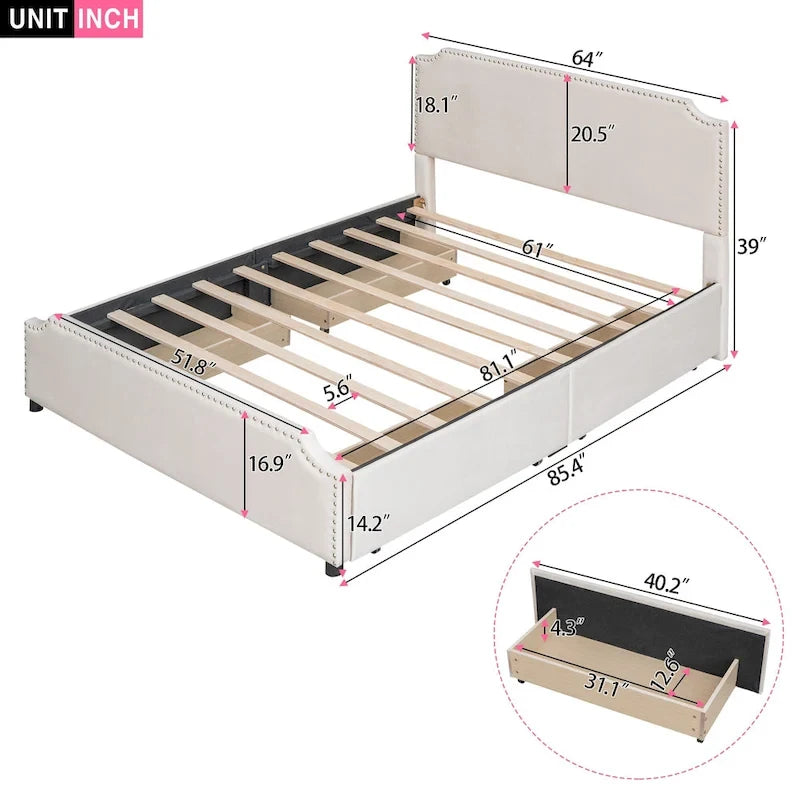 Upholstered Platform Bed with Stud Trim and 4 Drawers