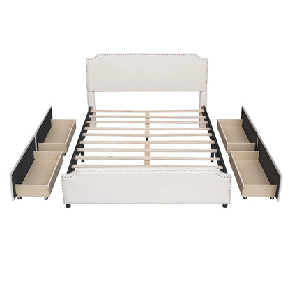 Upholstered Platform Bed with Stud Trim and 4 Drawers