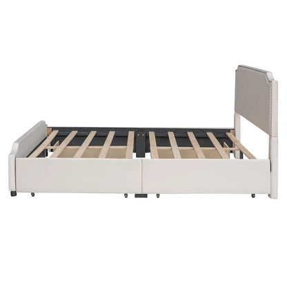 Upholstered Platform Bed with Stud Trim and 4 Drawers