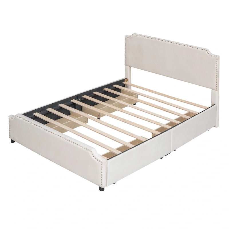 Upholstered Platform Bed with Stud Trim and 4 Drawers