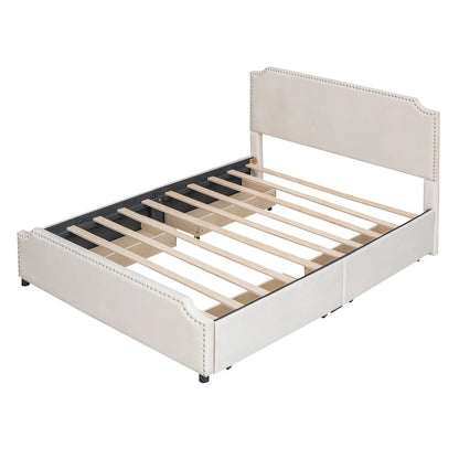 Upholstered Platform Bed with Stud Trim and 4 Drawers
