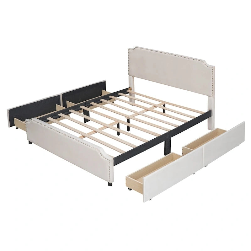 Upholstered Platform Bed with Stud Trim and 4 Drawers