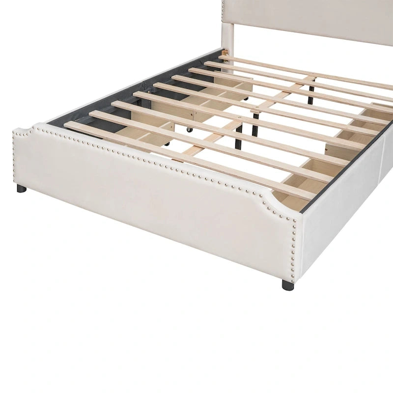 Upholstered Platform Bed with Stud Trim and 4 Drawers
