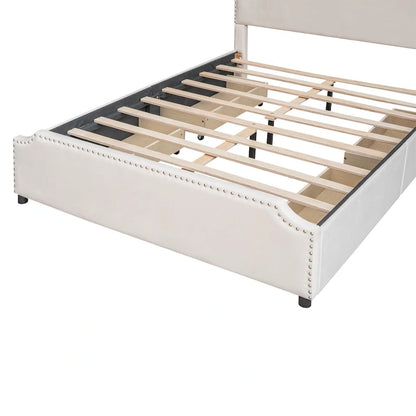 Upholstered Platform Bed with Stud Trim and 4 Drawers
