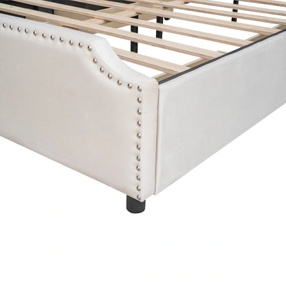 Upholstered Platform Bed with Stud Trim and 4 Drawers