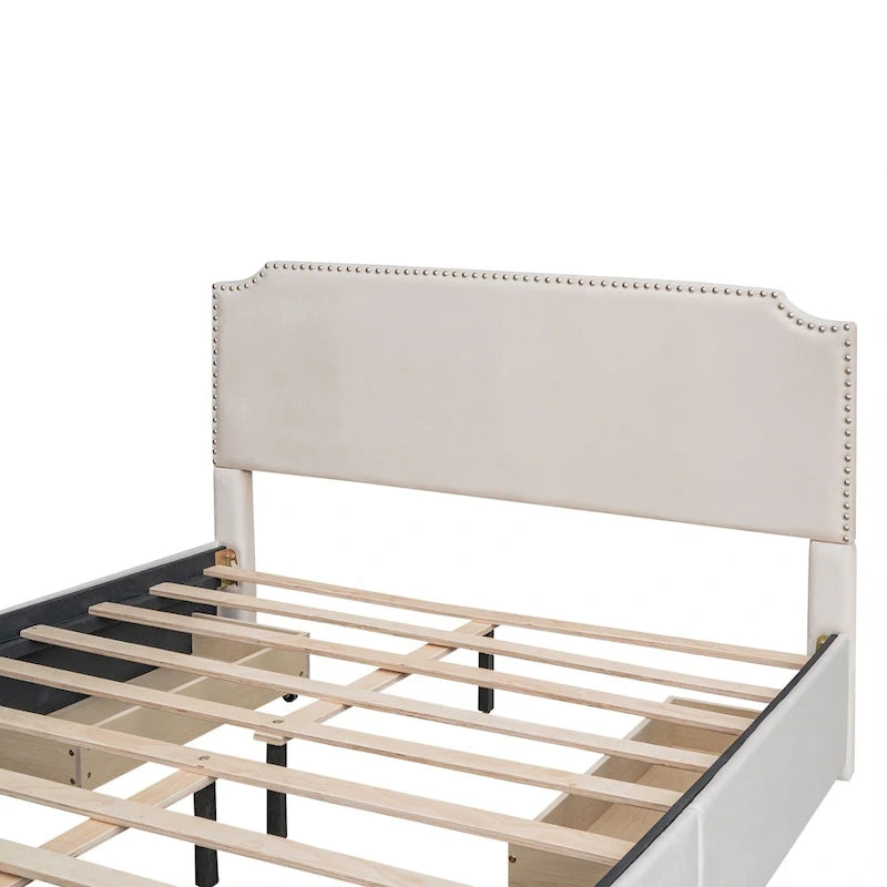Upholstered Platform Bed with Stud Trim and 4 Drawers