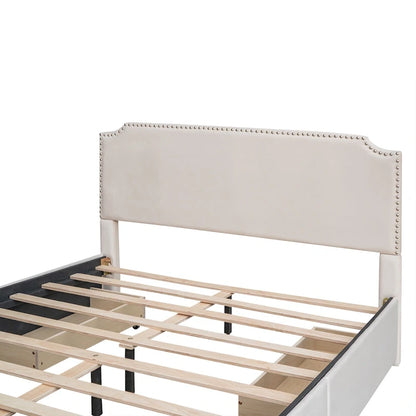 Upholstered Platform Bed with Stud Trim and 4 Drawers