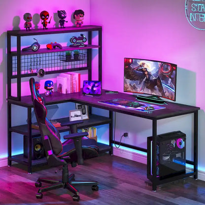 L-Shaped Computer Desk Reversible Corner Desk with Wireless Charging 9 Storage Shelves and Bookshelf for Home Office