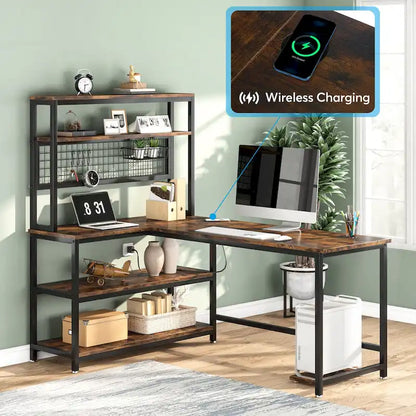 L-Shaped Computer Desk Reversible Corner Desk with Wireless Charging 9 Storage Shelves and Bookshelf for Home Office