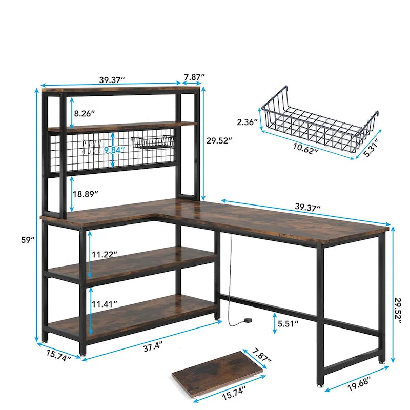 L-Shaped Computer Desk Reversible Corner Desk with Wireless Charging 9 Storage Shelves and Bookshelf for Home Office