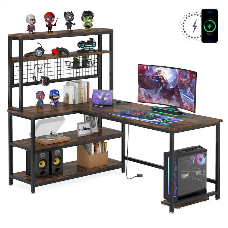 L-Shaped Computer Desk Reversible Corner Desk with Wireless Charging 9 Storage Shelves and Bookshelf for Home Office
