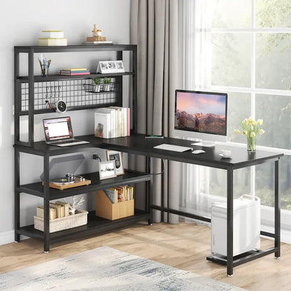 L-Shaped Computer Desk Reversible Corner Desk with Wireless Charging 9 Storage Shelves and Bookshelf for Home Office