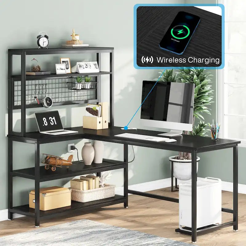 L-Shaped Computer Desk Reversible Corner Desk with Wireless Charging 9 Storage Shelves and Bookshelf for Home Office