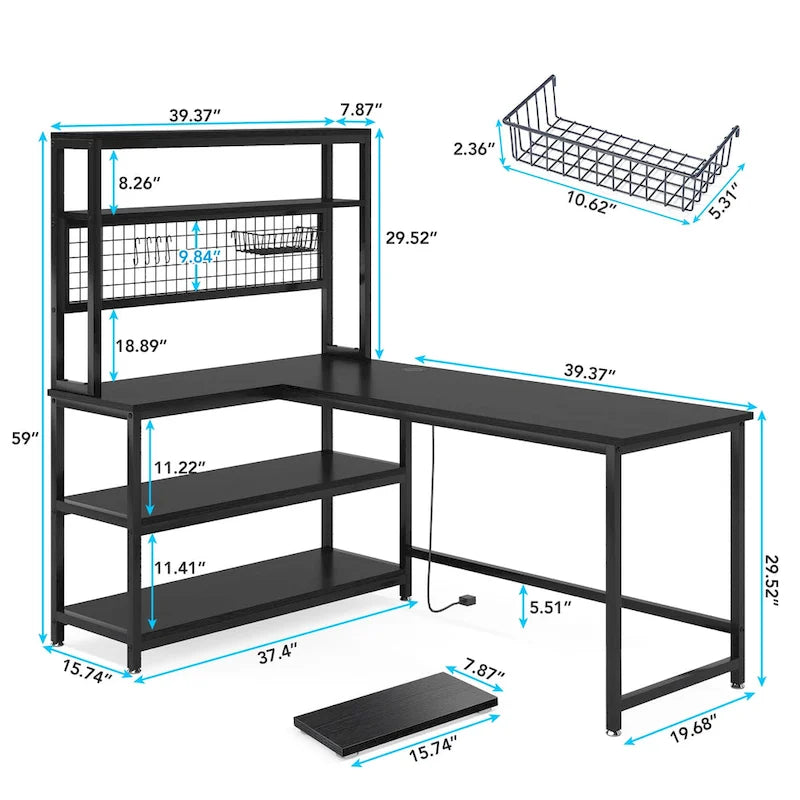 L-Shaped Computer Desk Reversible Corner Desk with Wireless Charging 9 Storage Shelves and Bookshelf for Home Office