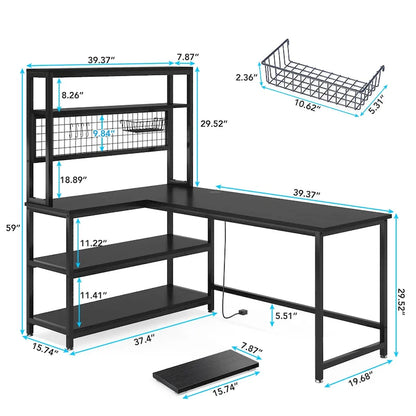 L-Shaped Computer Desk Reversible Corner Desk with Wireless Charging 9 Storage Shelves and Bookshelf for Home Office