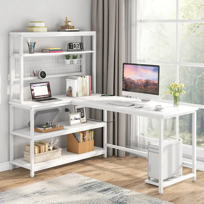 L-Shaped Computer Desk Reversible Corner Desk with Wireless Charging 9 Storage Shelves and Bookshelf for Home Office