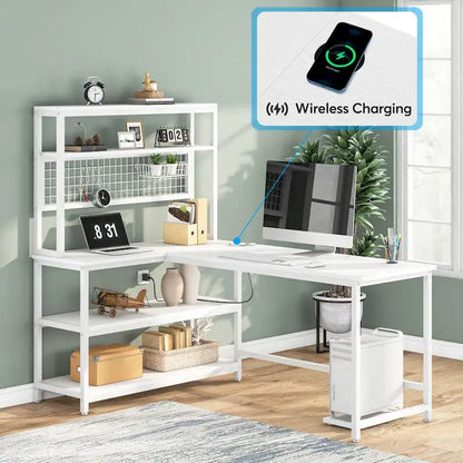 L-Shaped Computer Desk Reversible Corner Desk with Wireless Charging 9 Storage Shelves and Bookshelf for Home Office