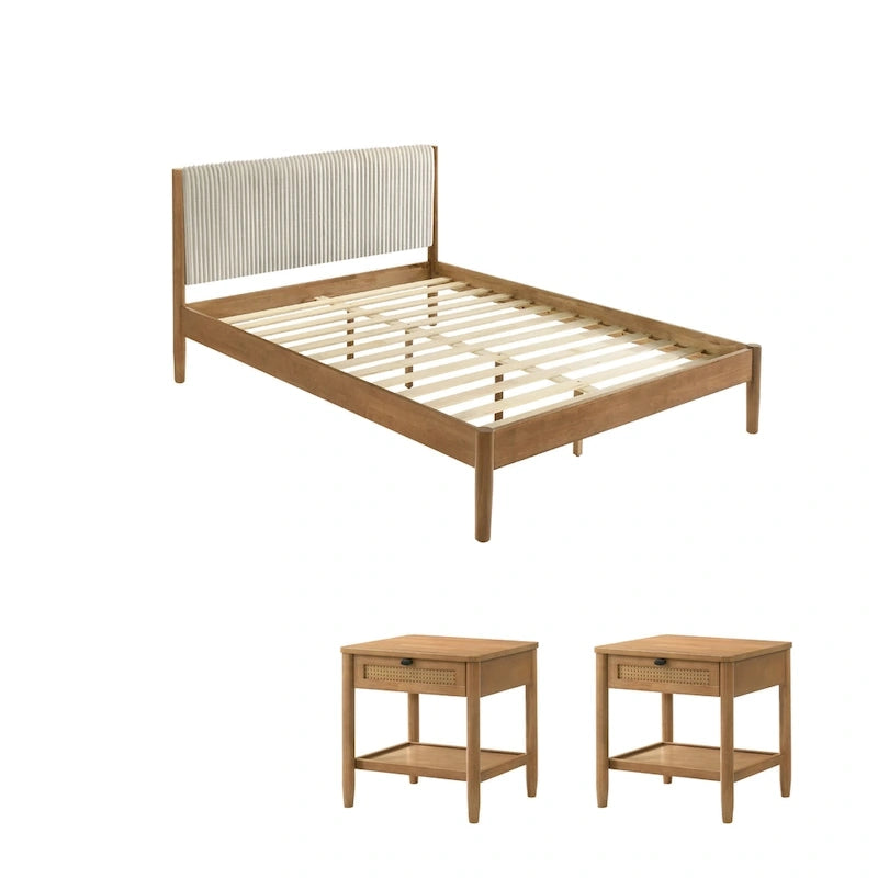 Roundhill Furniture Vichy 3-Piece Bedroom Set, Platform Bed with Two Nightstands, Queen