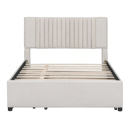 Full Size Upholstered Platform Bed with 2 Drawers and 1 Twin Size Trundle, Classic Headboard Design, Beige