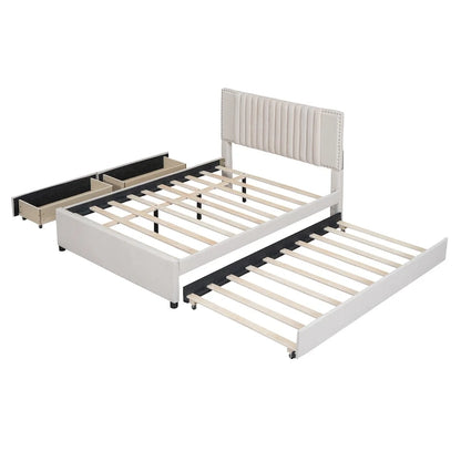 Full Size Upholstered Platform Bed with 2 Drawers and 1 Twin Size Trundle, Classic Headboard Design, Beige