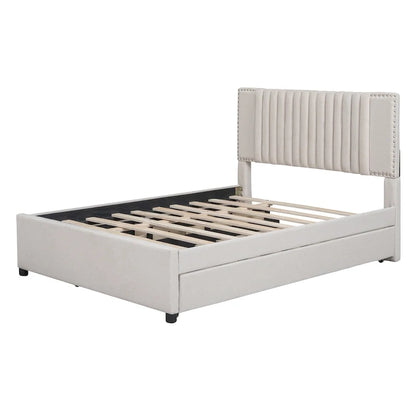 Full Size Upholstered Platform Bed with 2 Drawers and 1 Twin Size Trundle, Classic Headboard Design, Beige