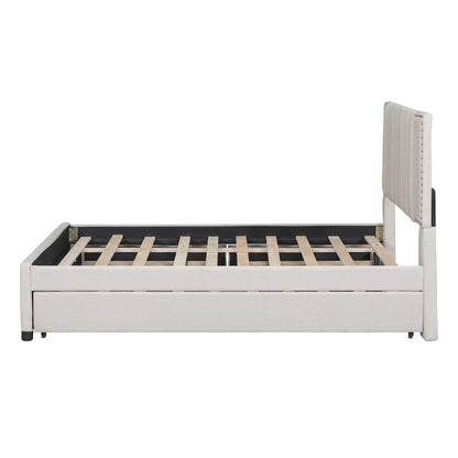 Full Size Upholstered Platform Bed with 2 Drawers and 1 Twin Size Trundle, Classic Headboard Design, Beige