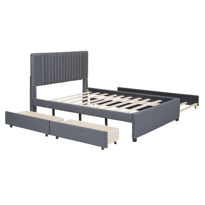 Full Size Upholstered Platform Bed with 2 Drawers and 1 Twin Size Trundle, Classic Headboard Design, Beige