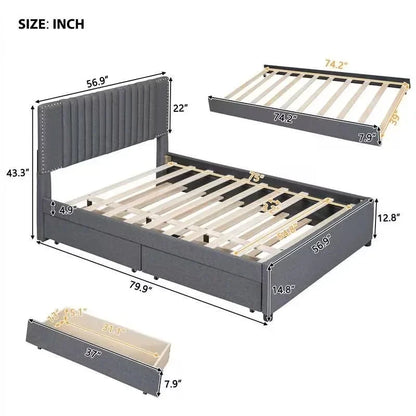 Full Size Upholstered Platform Bed with 2 Drawers and 1 Twin Size Trundle, Classic Headboard Design, Beige