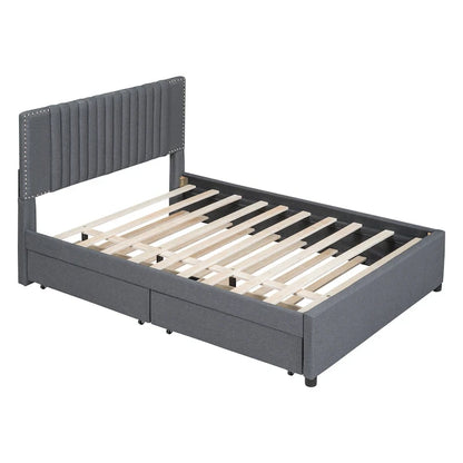 Full Size Upholstered Platform Bed with 2 Drawers and 1 Twin Size Trundle, Classic Headboard Design, Beige