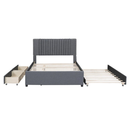 Full Size Upholstered Platform Bed with 2 Drawers and 1 Twin Size Trundle, Classic Headboard Design, Beige