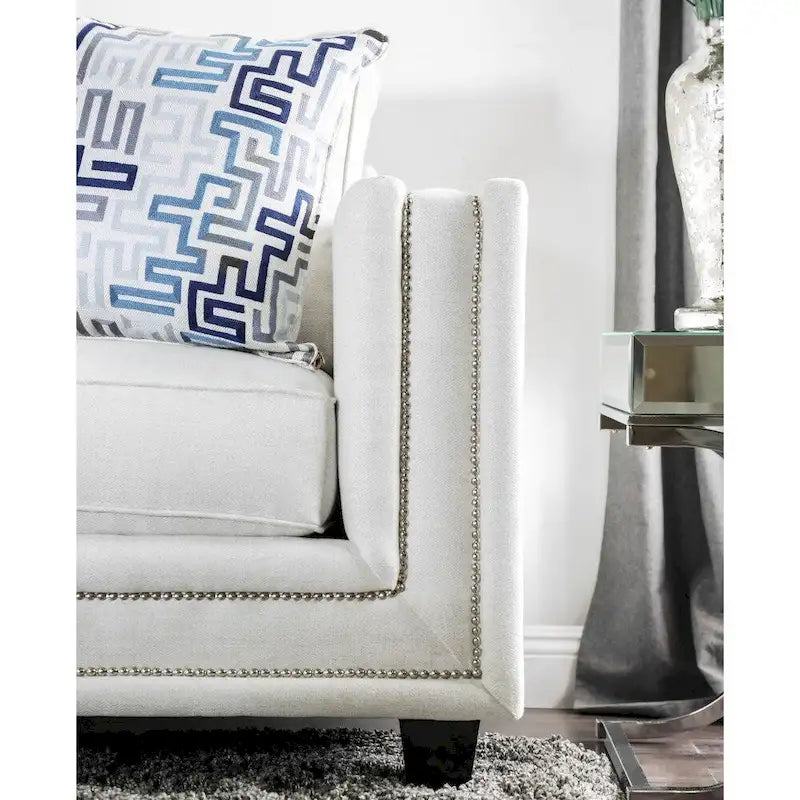 Tigg Contemporary White Chenille Nailhead Upholstered Sofa by Furniture of America