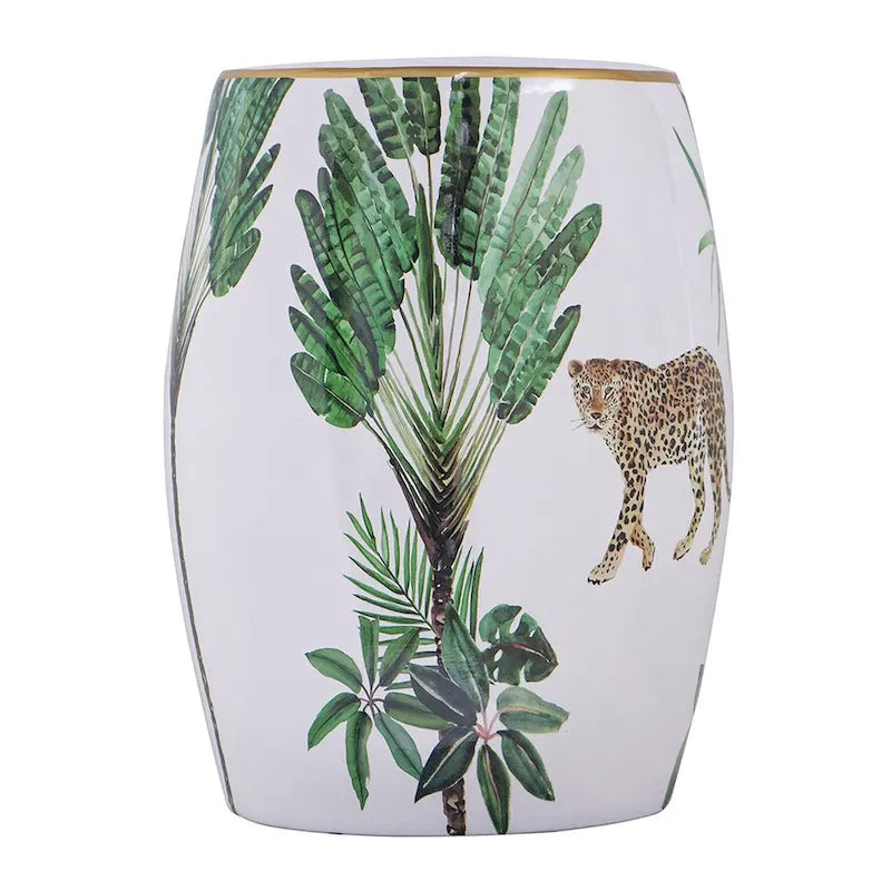 18 Inch Ceramic Accent Table, Drum Shape, Tropical Print, White, Green