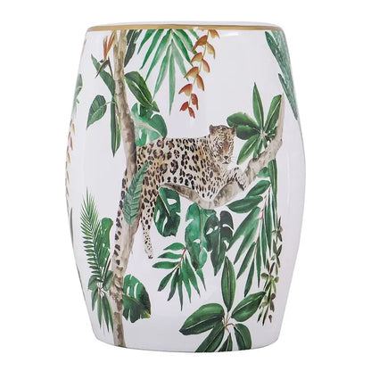 18 Inch Ceramic Accent Table, Drum Shape, Tropical Print, White, Green